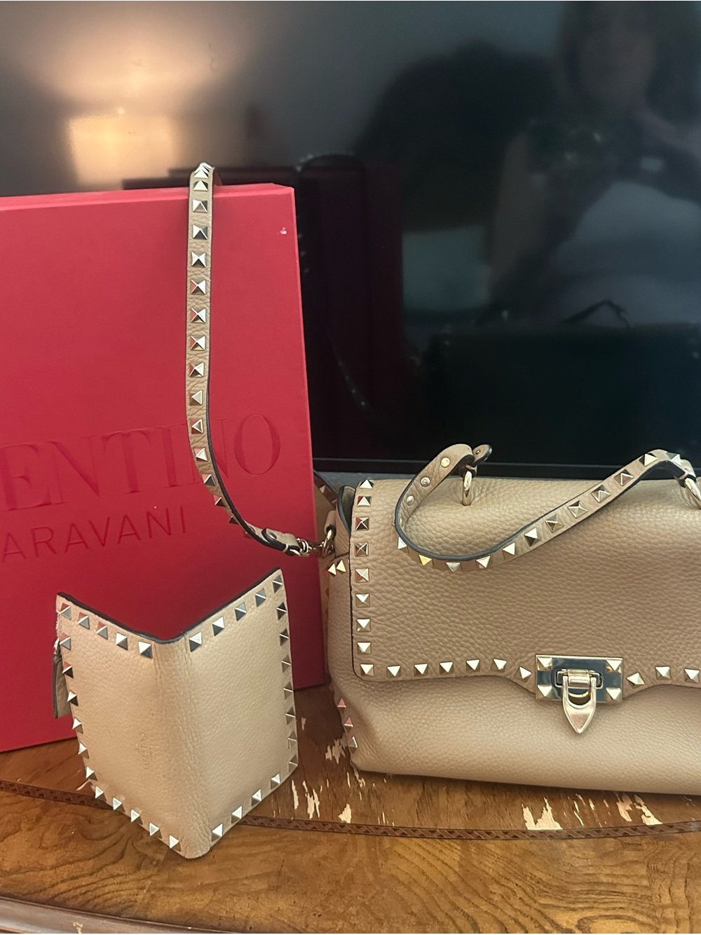 Valentino Garavani Beige/Tan Rockstud Leather Crossbody Bag with Wallet